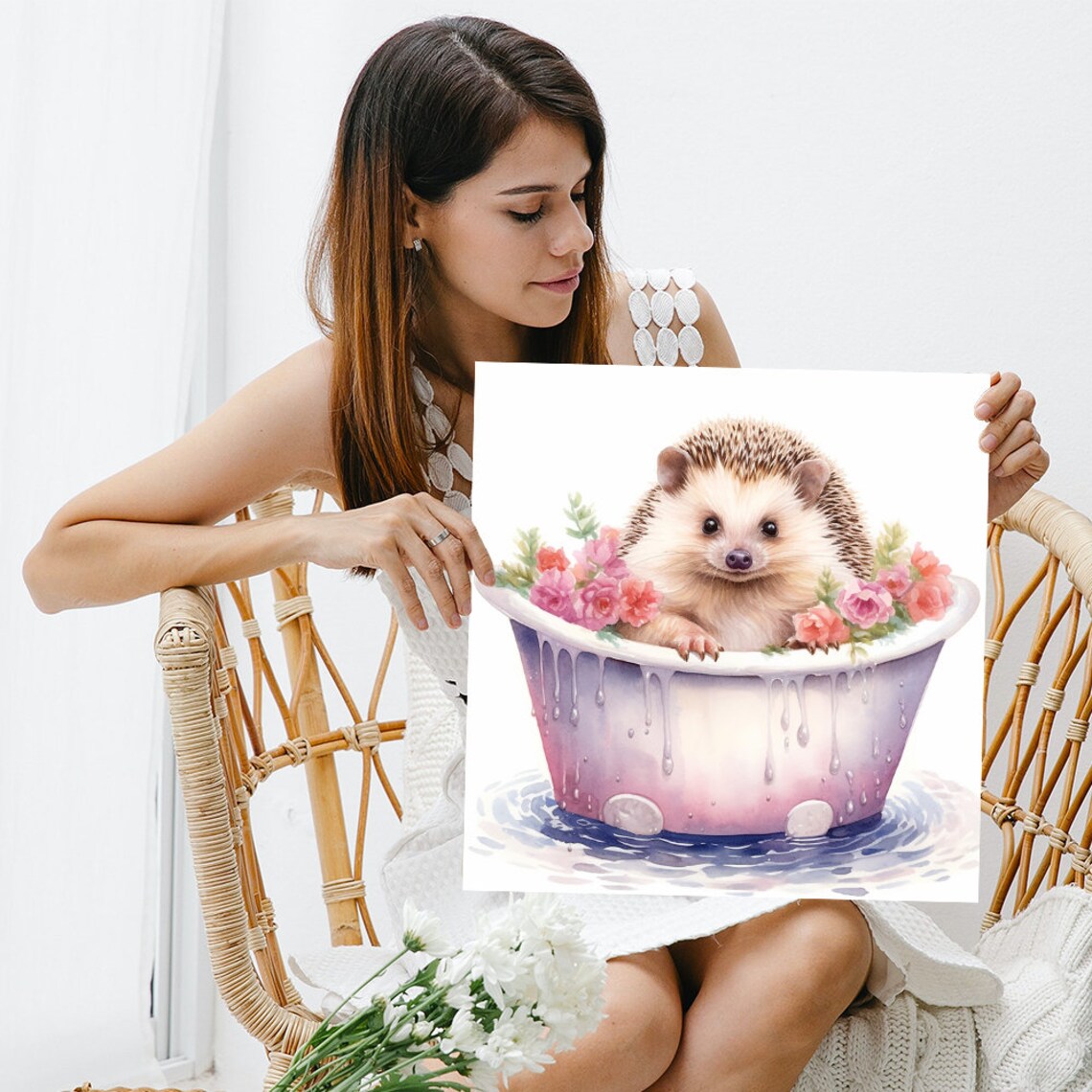 Cute Hedgehog Bathing In Tub With Pink Flowers Whimsical Watercolor Poster - Image 3