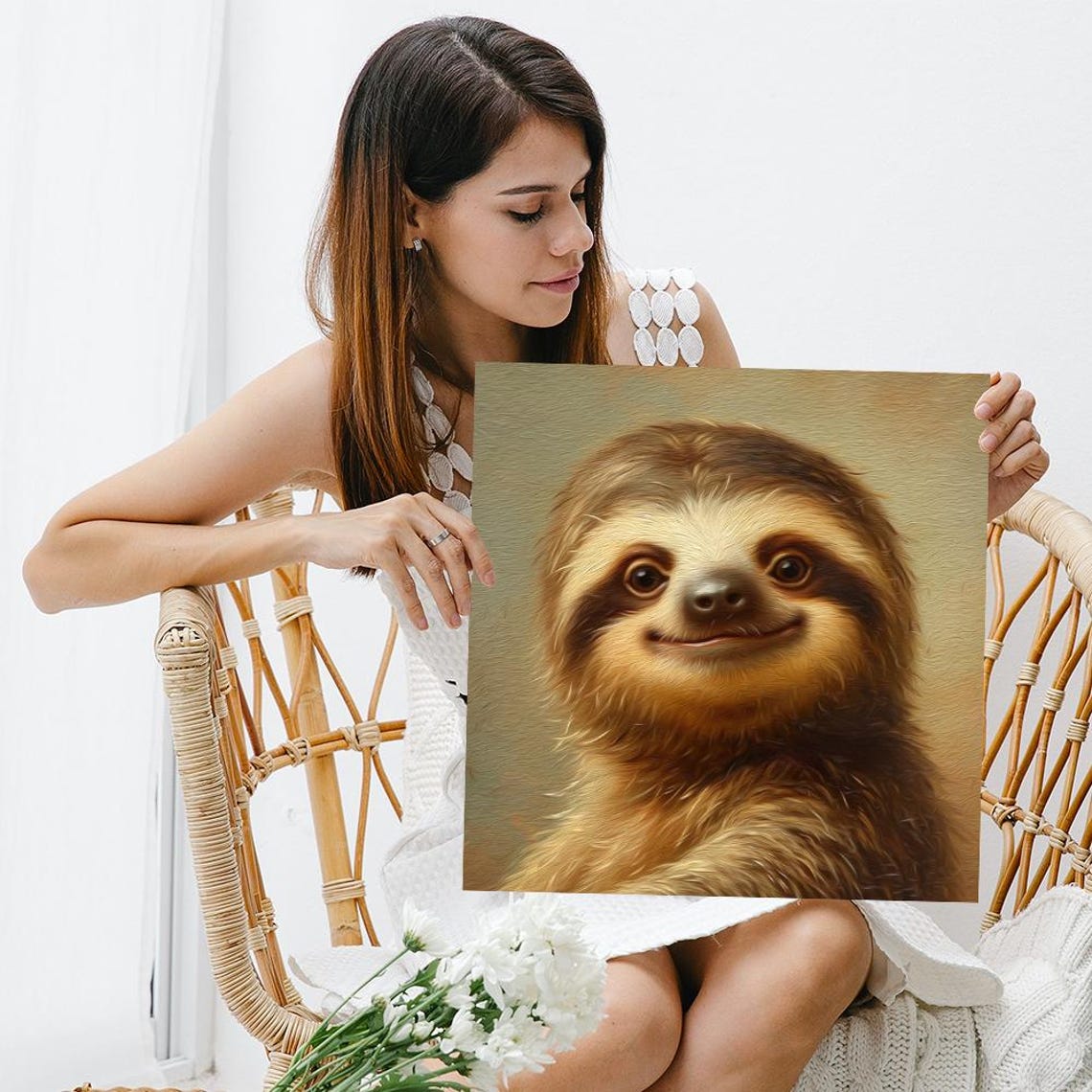 Smiling Sloth Portrait Warm Brown Oil Painting Cute Animal Poster - Image 3