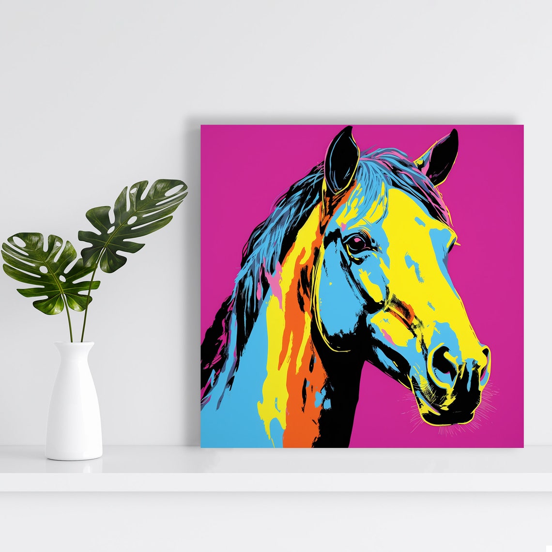 Neon Pop Art Horse Head Yellow Blue on Magenta Bold Animal Wall Art - Image 2