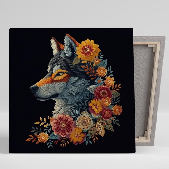 Floral Wolf Profile Autumn Flowers Black Background Botanical Art Poster