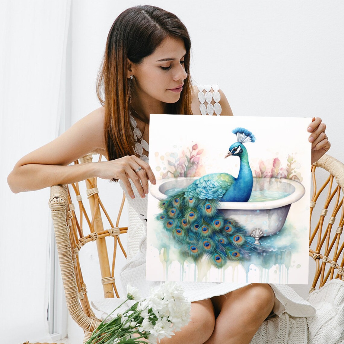 Peacock Bathtub Splendor, Whimsical Bathroom Art Print - Image 3