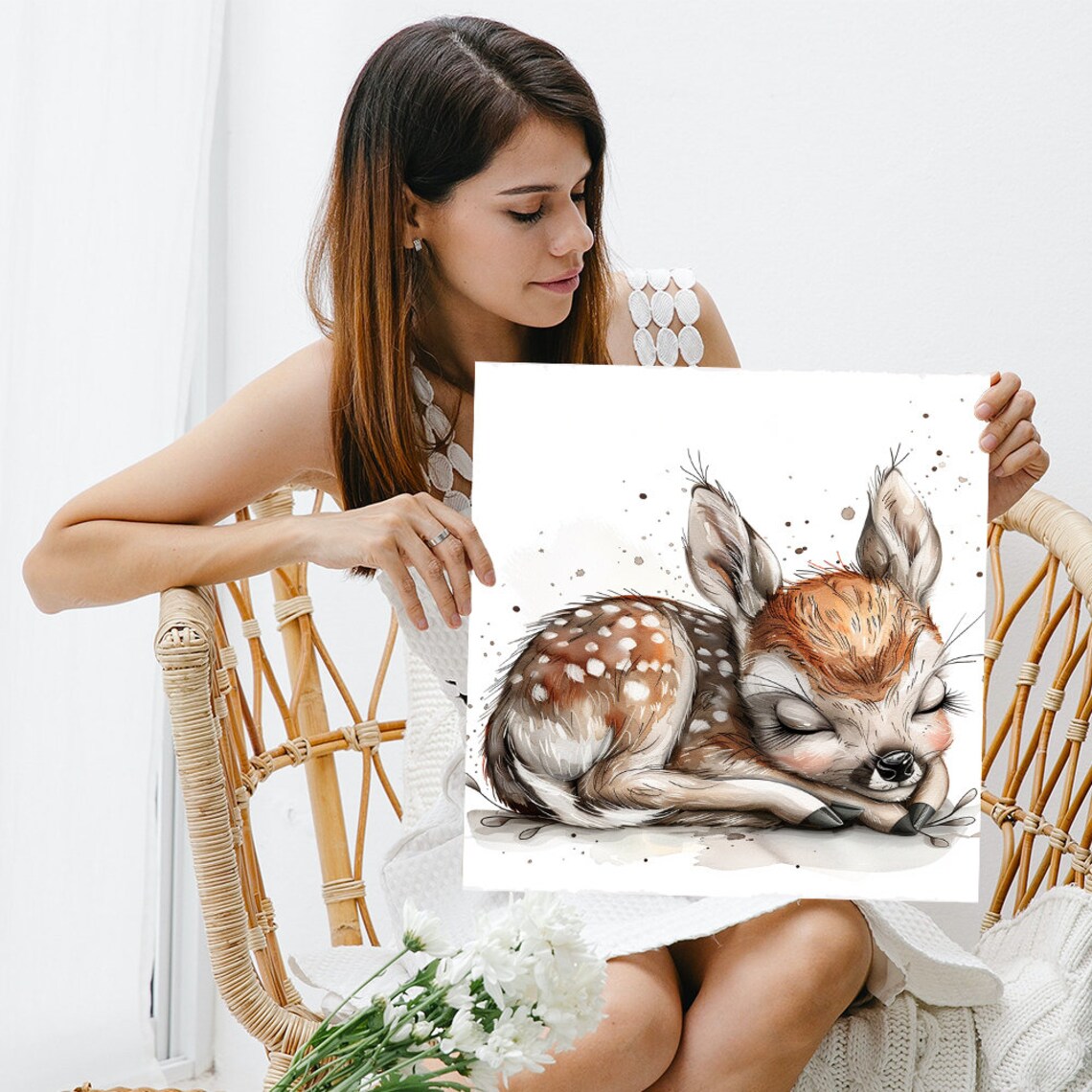 Sleeping Baby Fawn Watercolor Nursery Woodland Animal Poster - Image 3