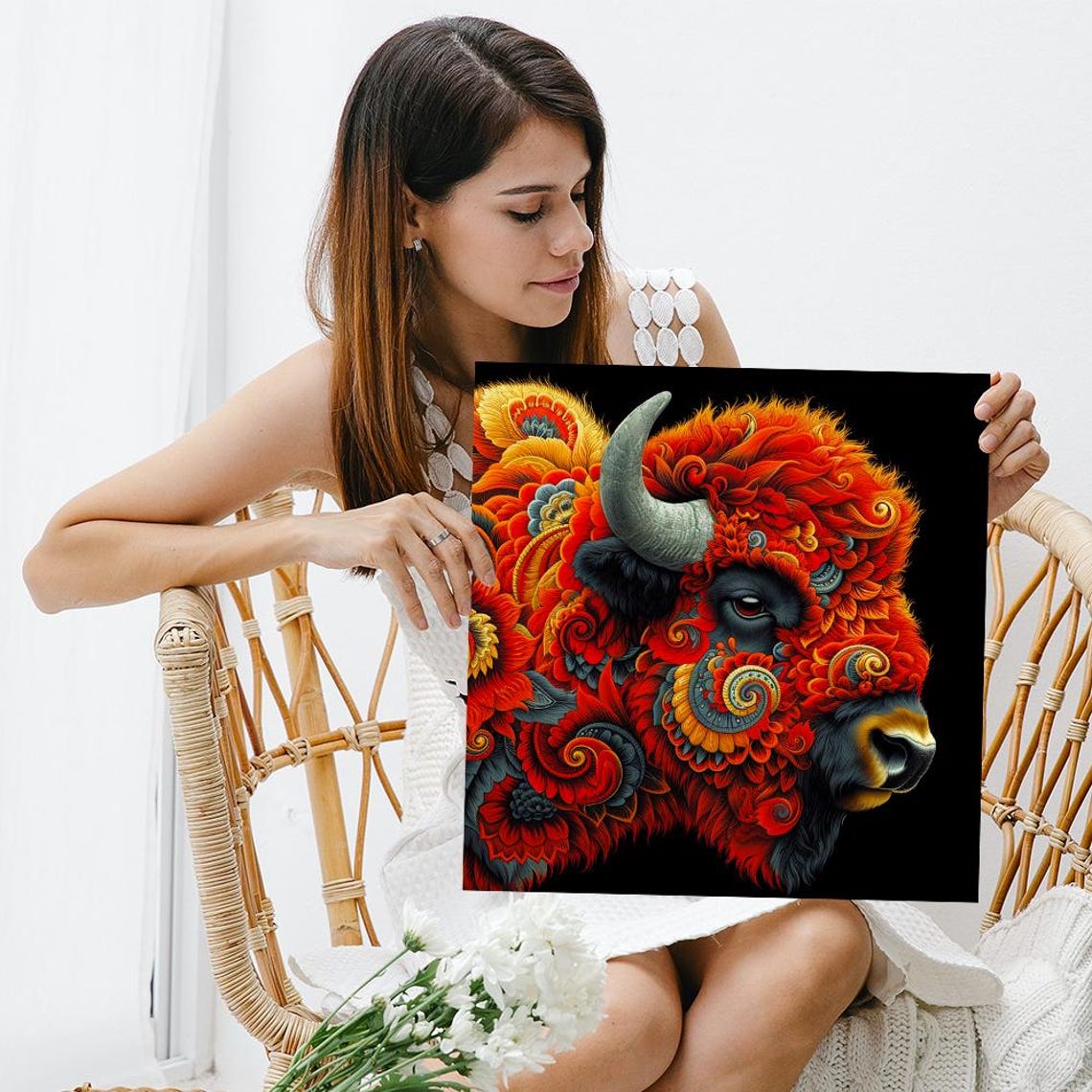 Bison Spirit Fiery Floral Mane Surreal Red Orange Wildlife Poster - Image 3
