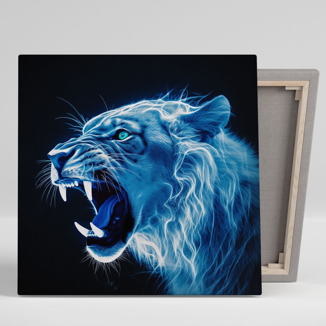 Neon Blue Roaring Lion Wild Mane Black Canvas Animal Art Poster