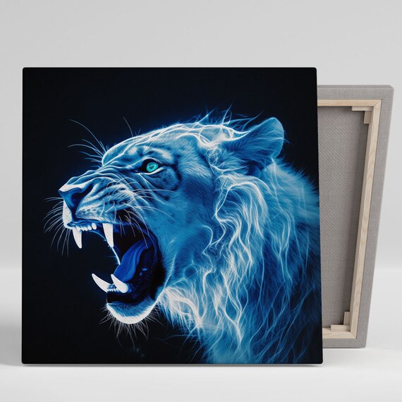 Neon Blue Roaring Lion Wild Mane Black Canvas Animal Art Poster