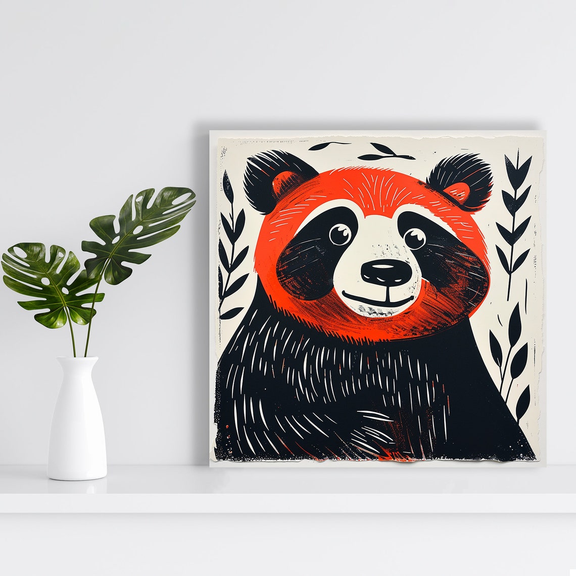 Smiling Red Panda Minimalist Linocut Black Orange Wall Poster - Image 2