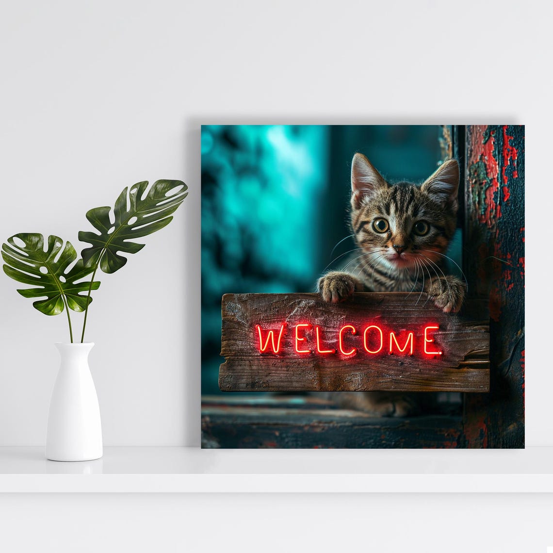 Kitten Holding Neon Welcome Sign Rustic Teal Entryway Warm Wall Poster - Image 2