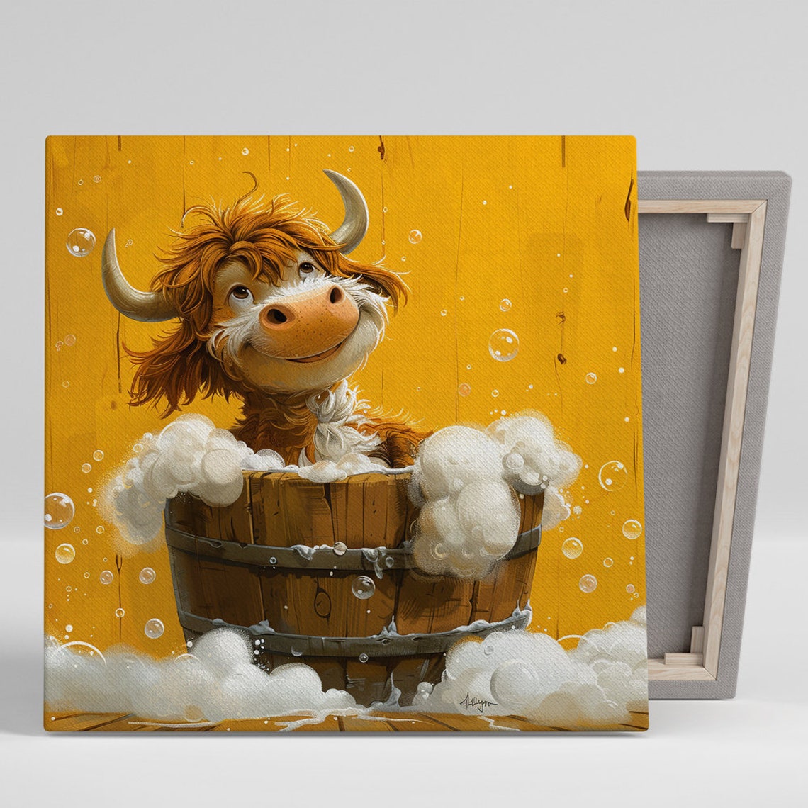 Bubbly Highland Cow Barrel Bath Happy Cute Animal Wall Poster