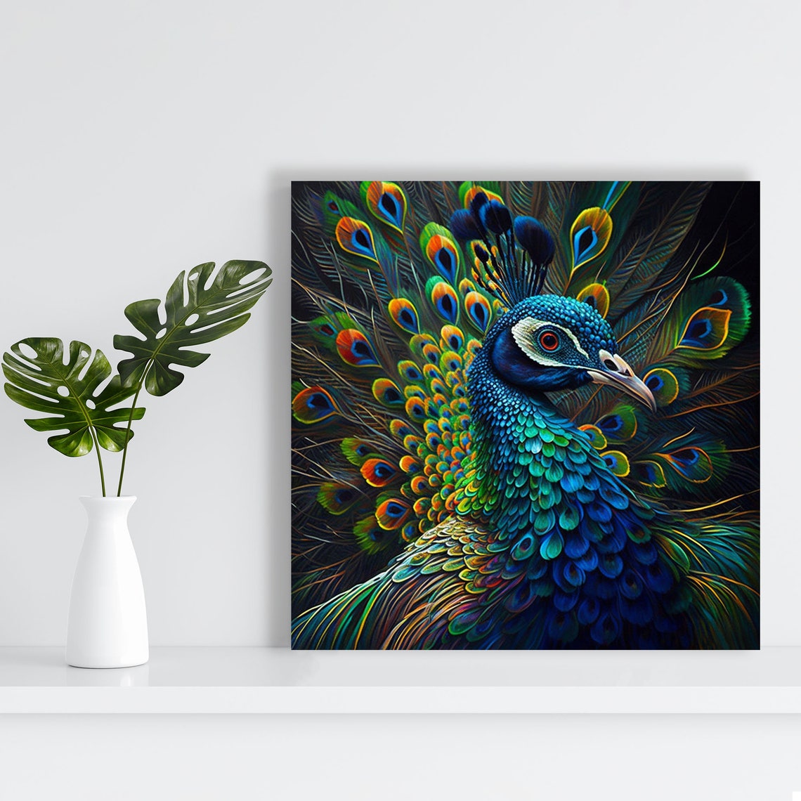Peacock Fanned Tail Display Dark Regal Wildlife Portrait Art Poster - Image 2