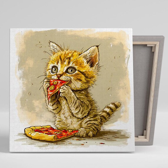 Pizza-Loving Kitten Art Print, Whimsical Decor