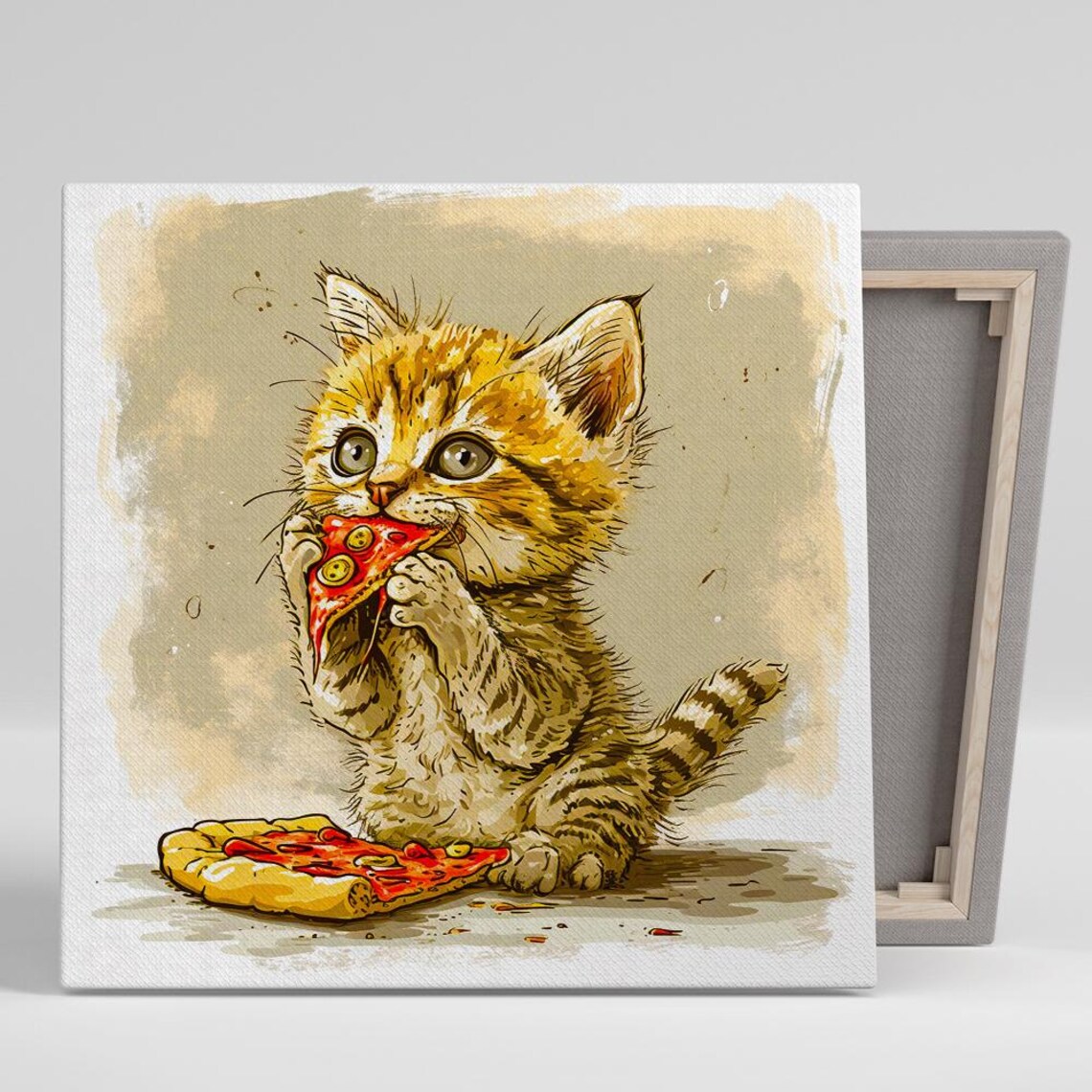 Pizza-Loving Kitten Art Print, Whimsical Decor