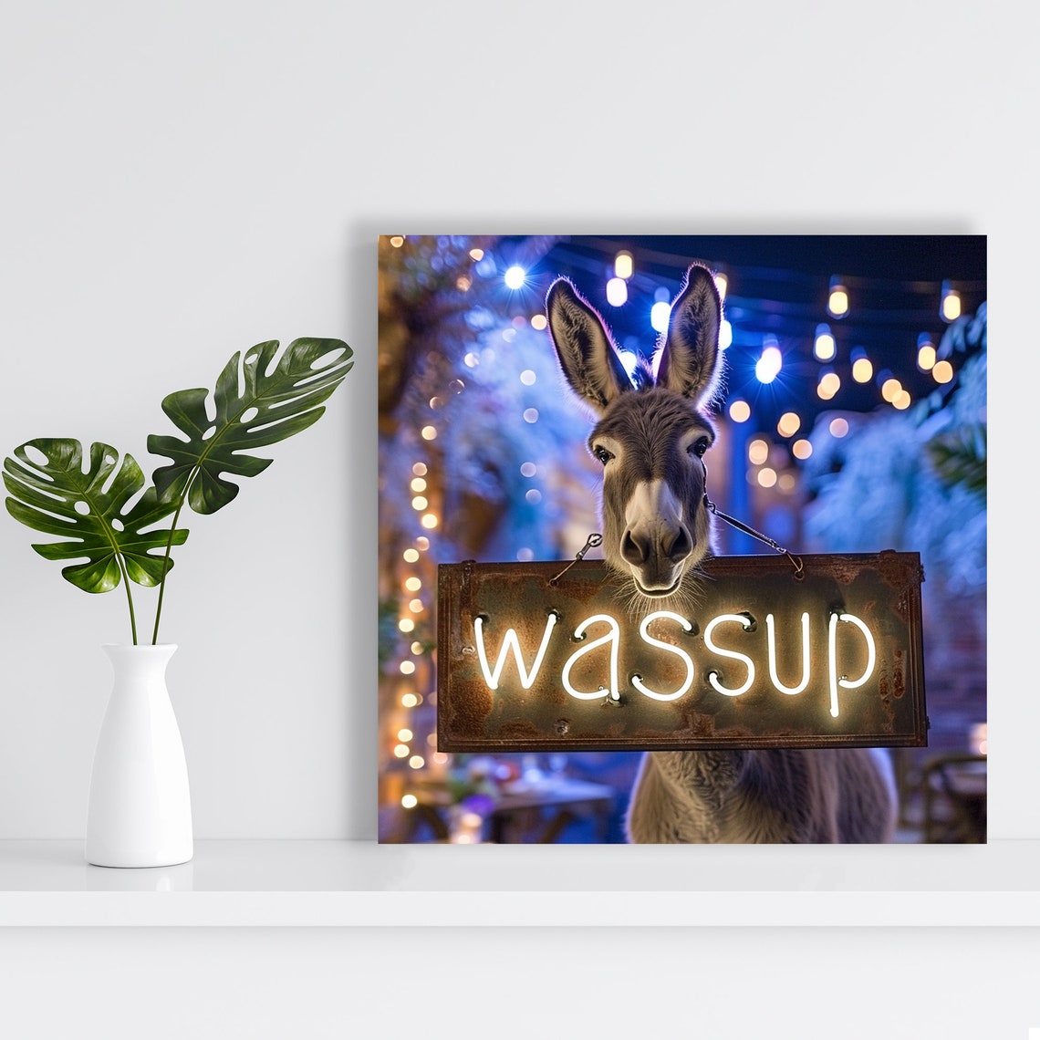 Donkey Holding Neon Wassup Sign Funny Night Lights Wall Poster - Image 2