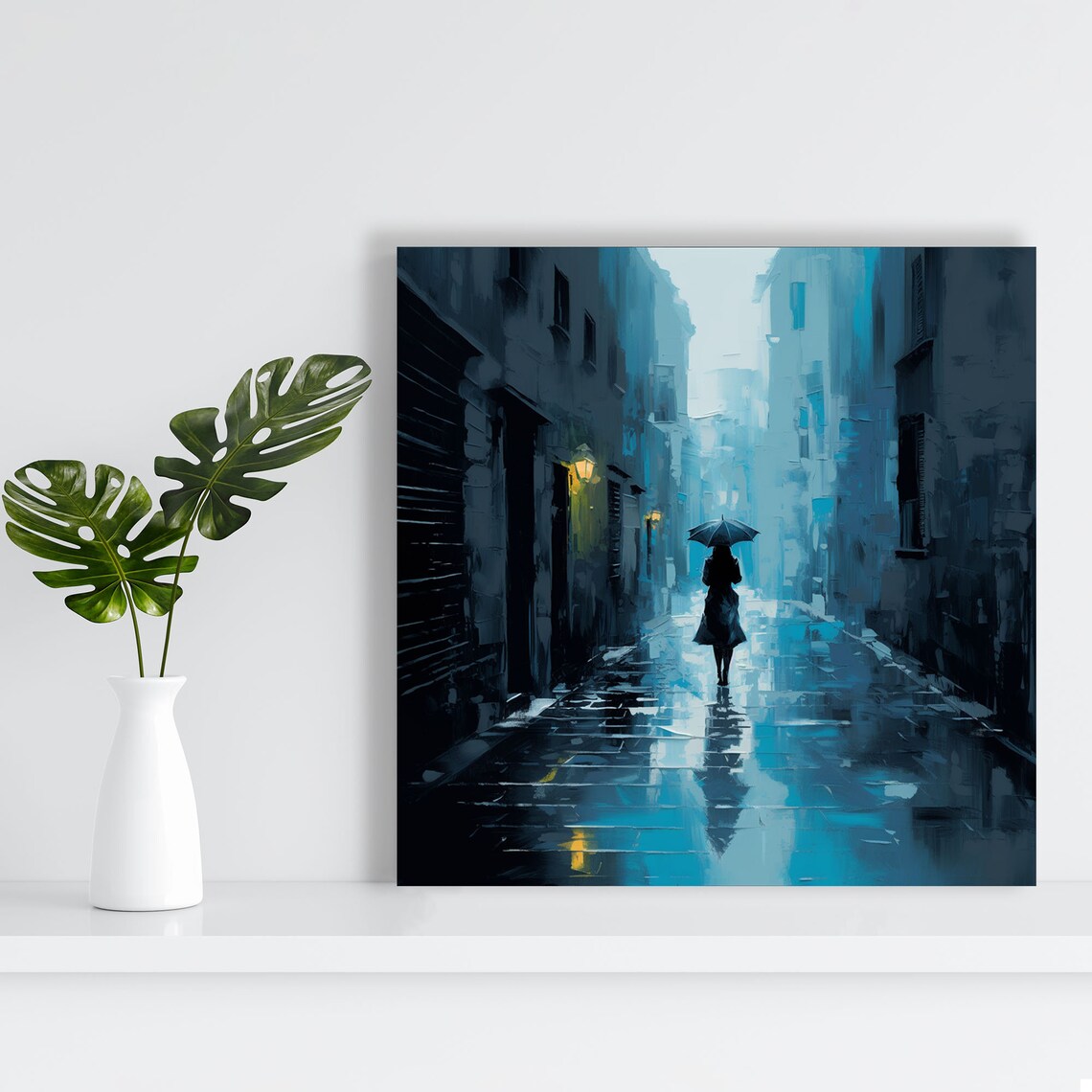 Rainy Night Alley Umbrella Woman Blue Moody Street Painting Poster - Image 3