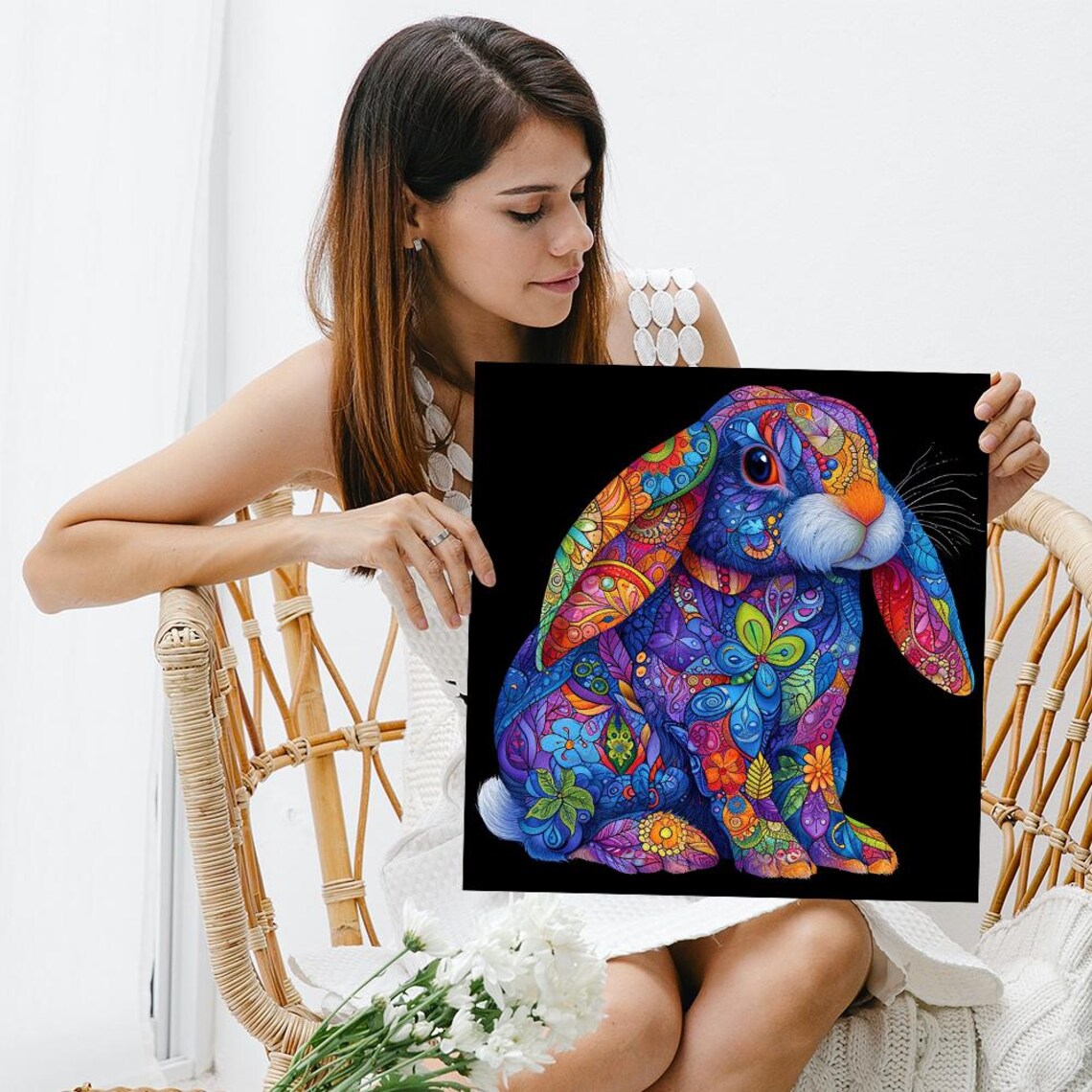 Psychedelic Bunny Bliss Vibrant Mandala Doodle Lop Rabbit Wall Art Poster - Image 3