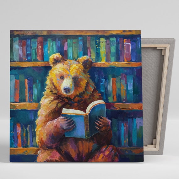 Bookworm Bear Art Or Poster Whimsical Modern Decor Library Office Childrens Room Living Room Wall Art Brown Yellow Blue