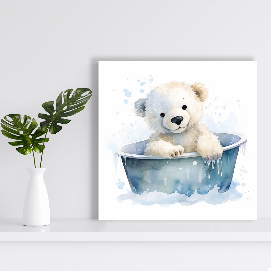 Cute Polar Bear Cub Bubble Bath Nursery Watercolor Animal Poster - Image 2
