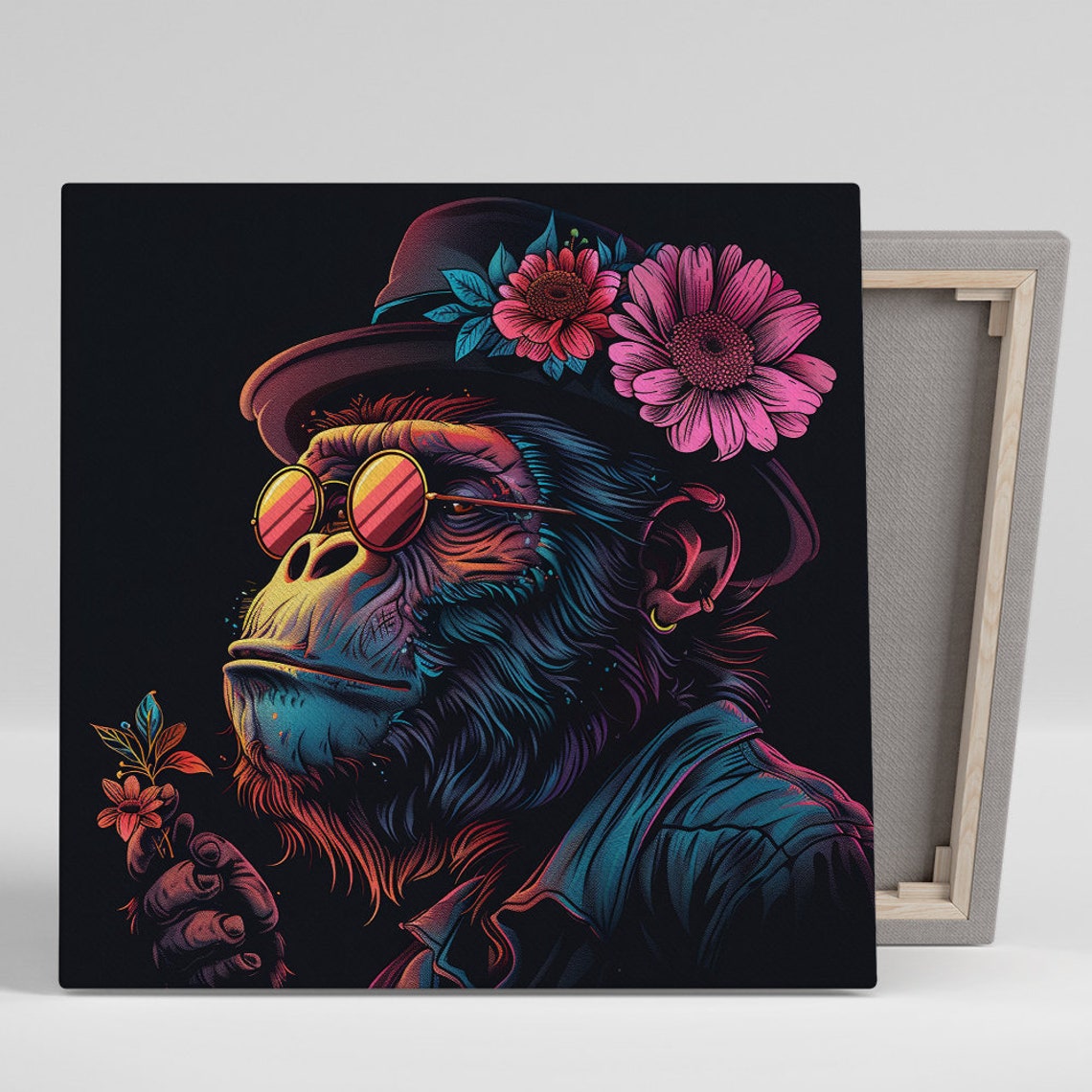 Neon Chimpanzee Hat Flowers Sunglasses Surreal Pop Art Poster