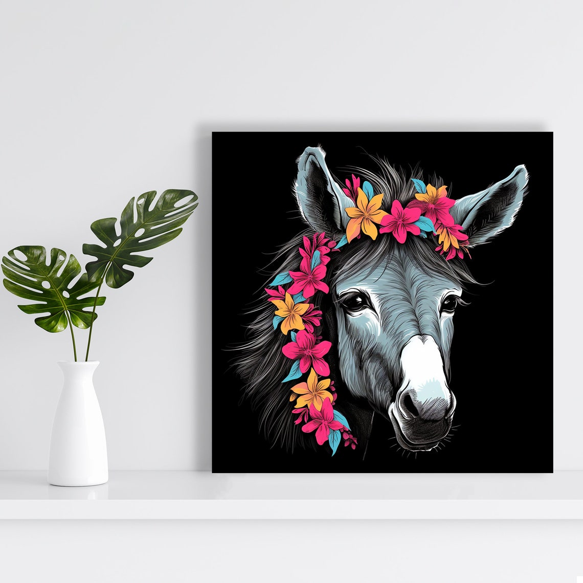 Floral Donkey Elegant Flower Crown Vibrant Black Background Poster - Image 2