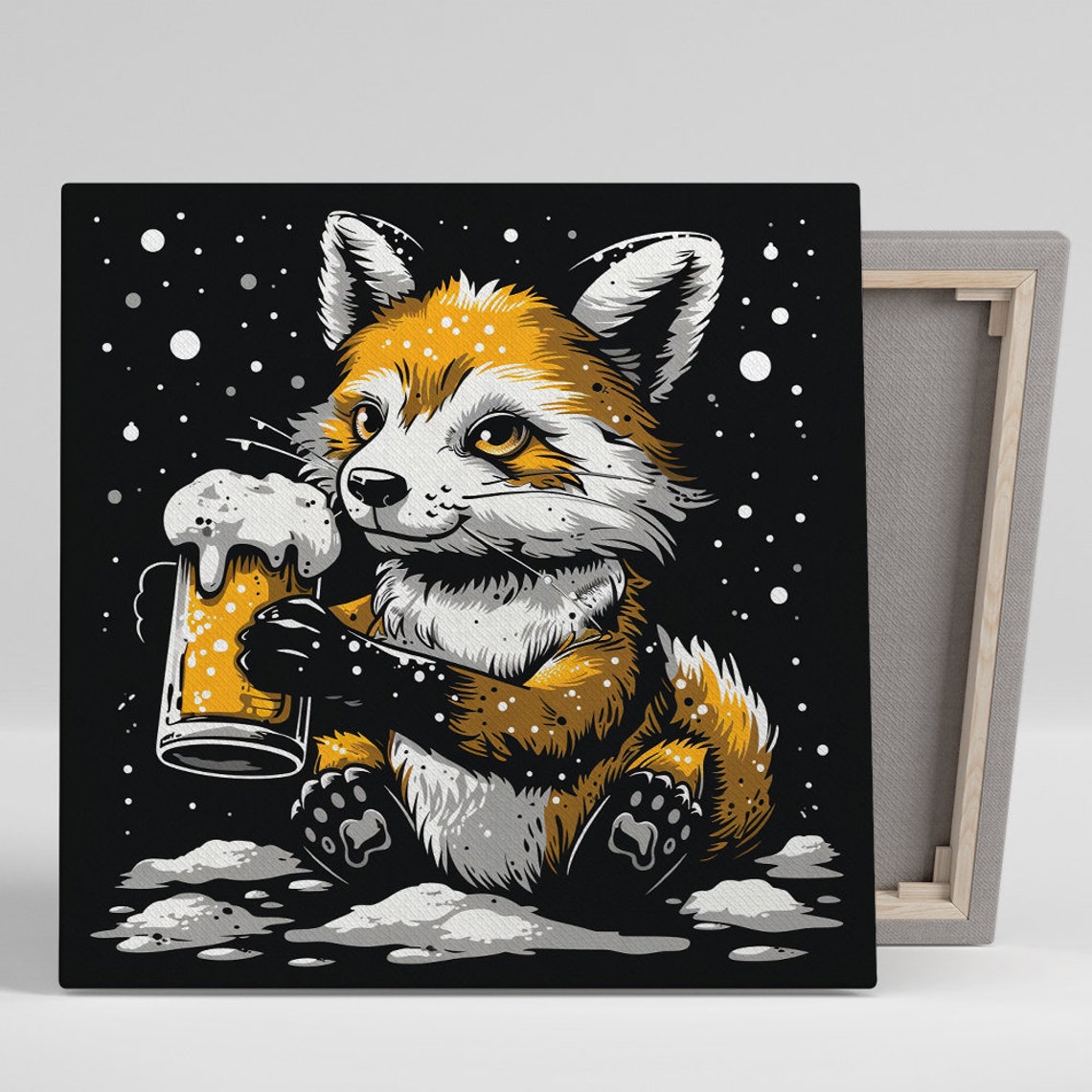 Fox Holding Beer Mug Snowy Night Black Cheerful Party Bar Art Poster