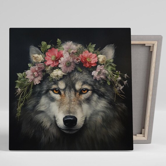 Wolf With Pink Floral Crown on Dark Background Boho Animal Wall Poster