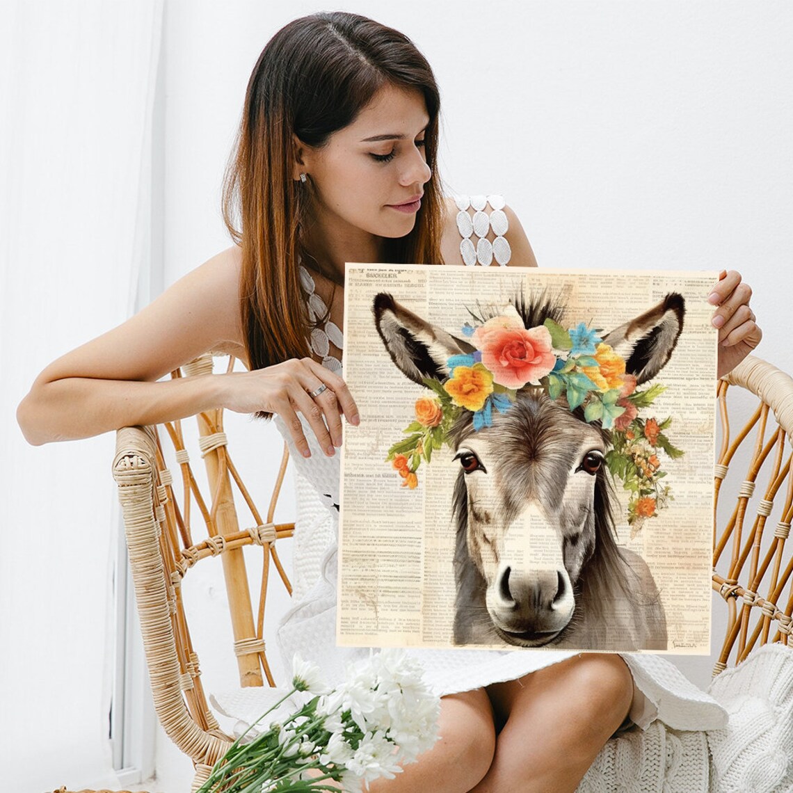 Floral Crowned Donkey Farmhouse Wall Art Print - Image 3
