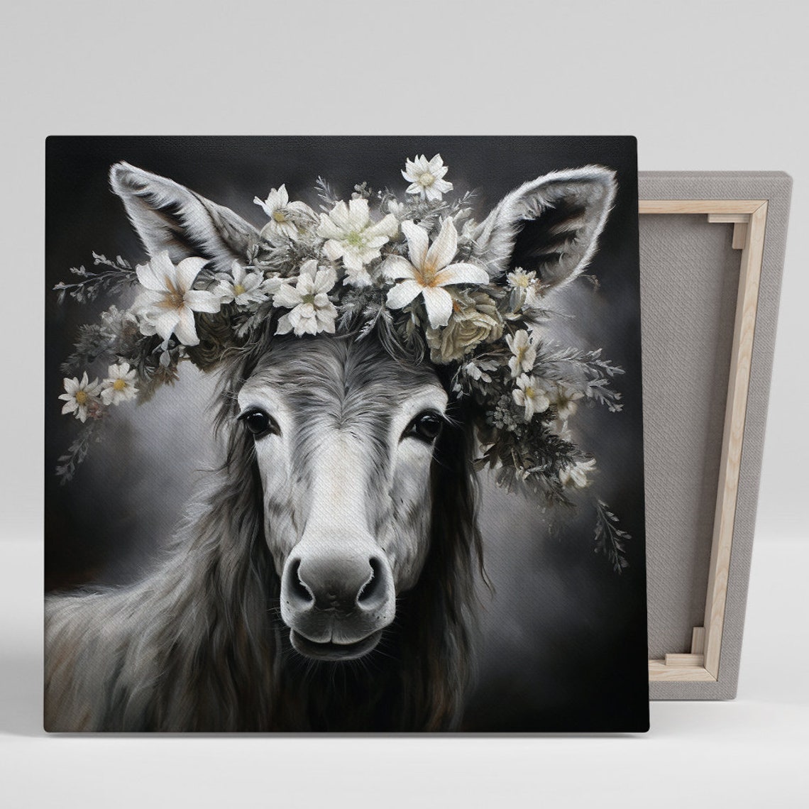 Donkey White Flower Crown Ethereal Dark Botanical Portrait Poster