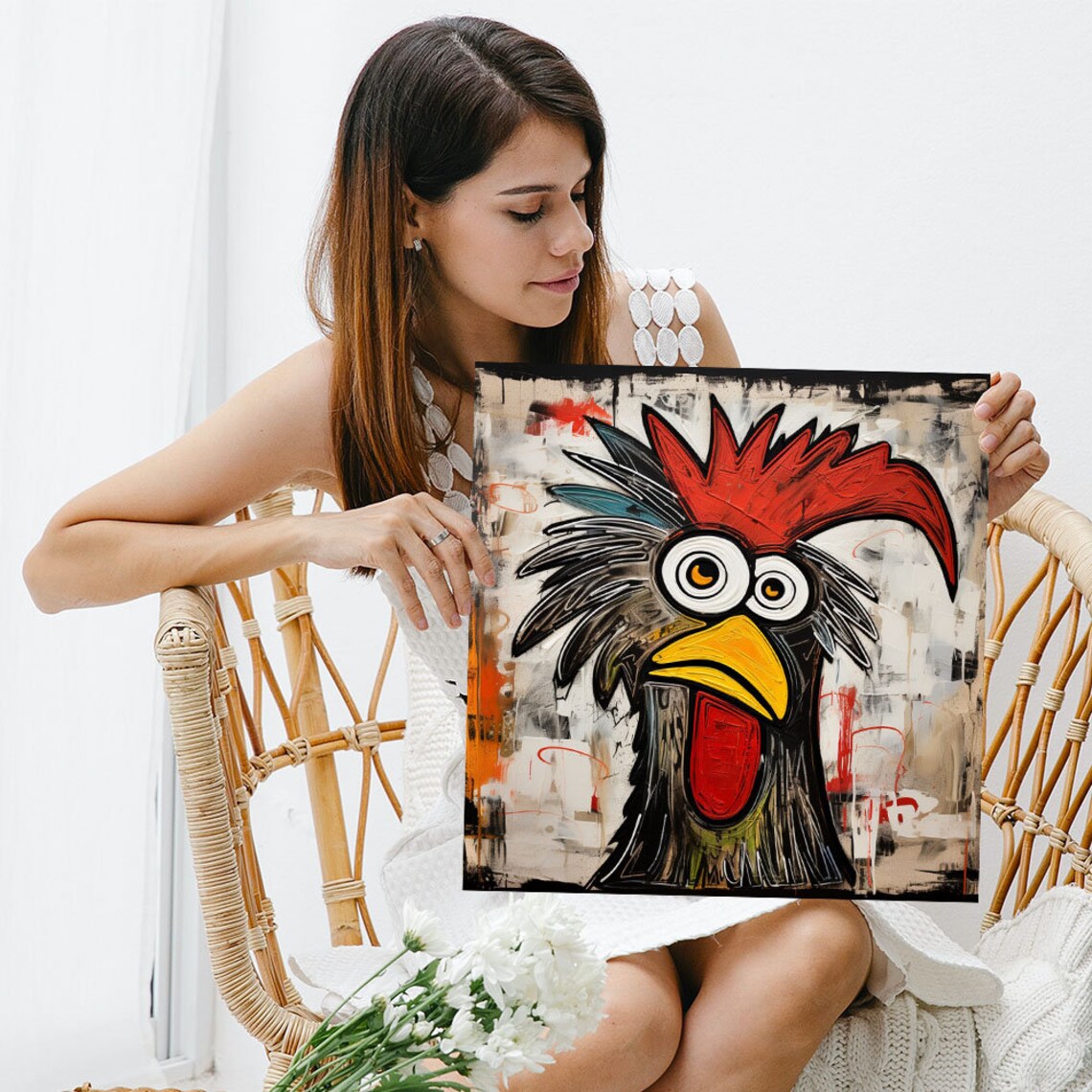 Funny Cartoon Rooster Big Eyes Graffiti Style Farmhouse Art Poster - Image 3