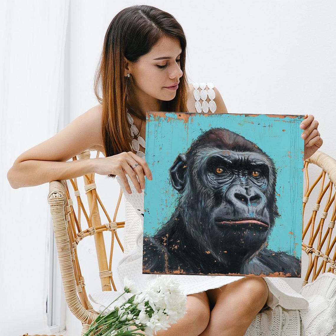 Gorilla Portrait Turquoise Distressed Wood Rustic Urban Art Poster - Image 3