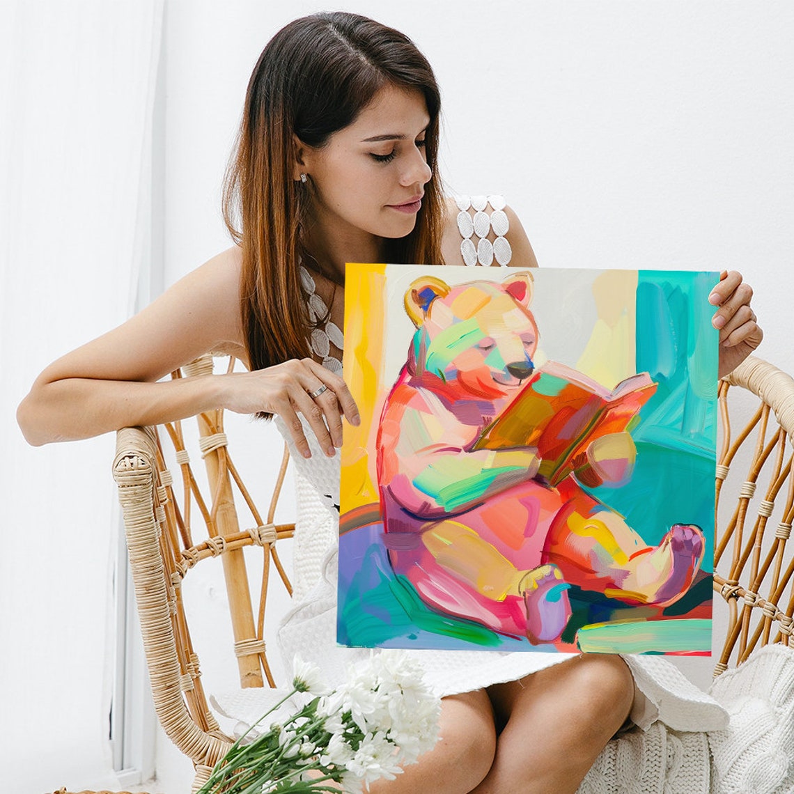 Colorful Abstract Bookworm Bear Reading Book Kids Room Art Poster - Image 3