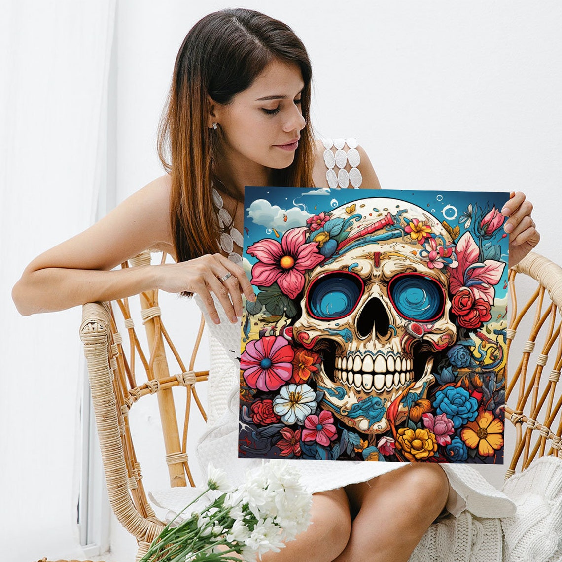 Sugar Skull Floral Day Of The Dead Vibrant Colorful Art Poster - Image 3