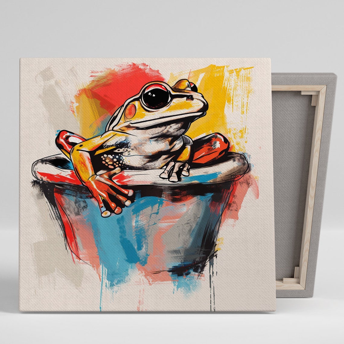 Tree Frog Sitting on Paint Bucket Colorful Whimsical Wall Art