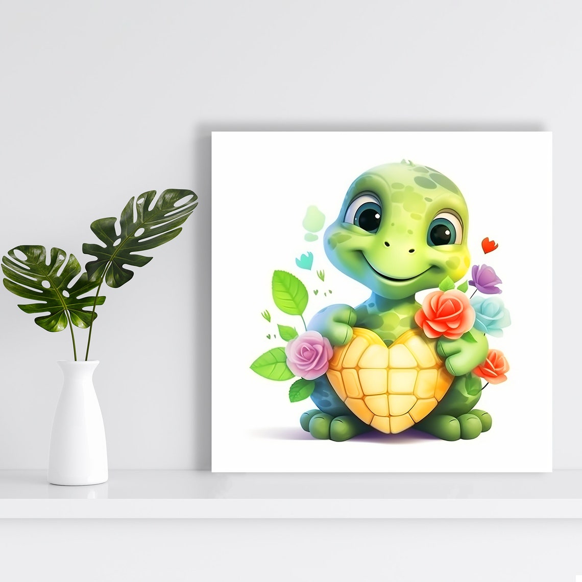 Baby Turtle Heart Shell Flowers Cute Nursery Whimsical Animal Wall Art - Image 2
