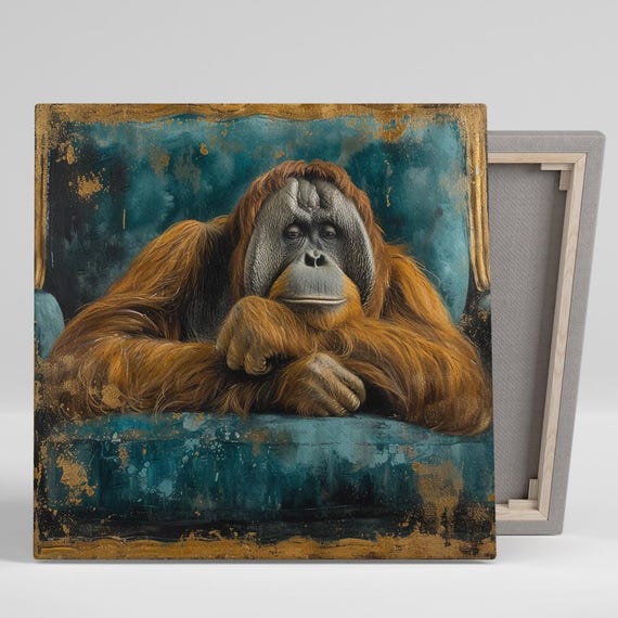 Contemporary Orangutan Portrait Art Print, Orange Blue Gold