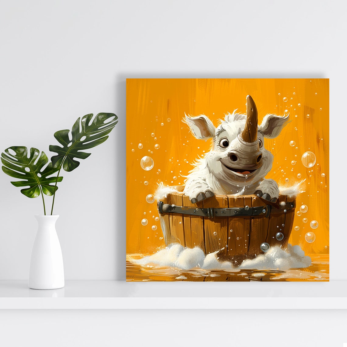 Cute Baby Rhino Bubble Bath Wooden Tub Cheerful Orange Poster - Image 2