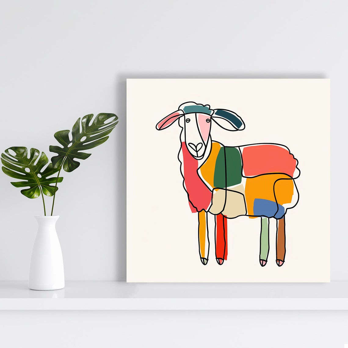 Minimalist Sheep Line Art Color Block Patches Whimsical Nursery Poster - Image 2