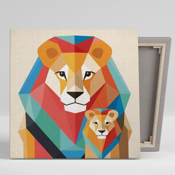 Geometric Low Poly Lion And Cub Colorful Abstract Wildlife Poster