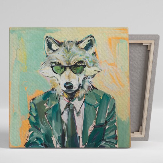 Dapper Wolf In Green Suit Tie And Black Sunglasses Funny Office Animal Poster