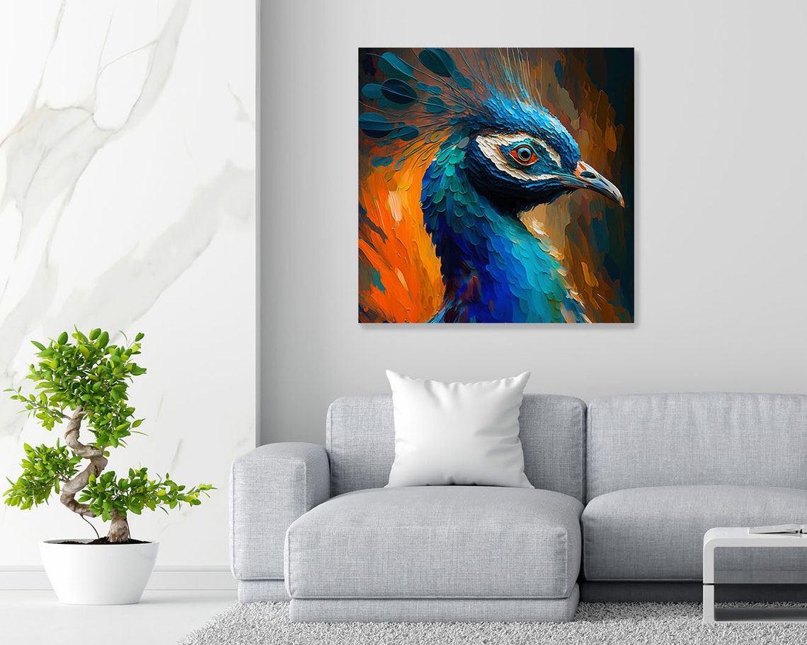 Peacock Head Impasto Orange Blue Bold Expressive Bird Portrait Poster - Image 4