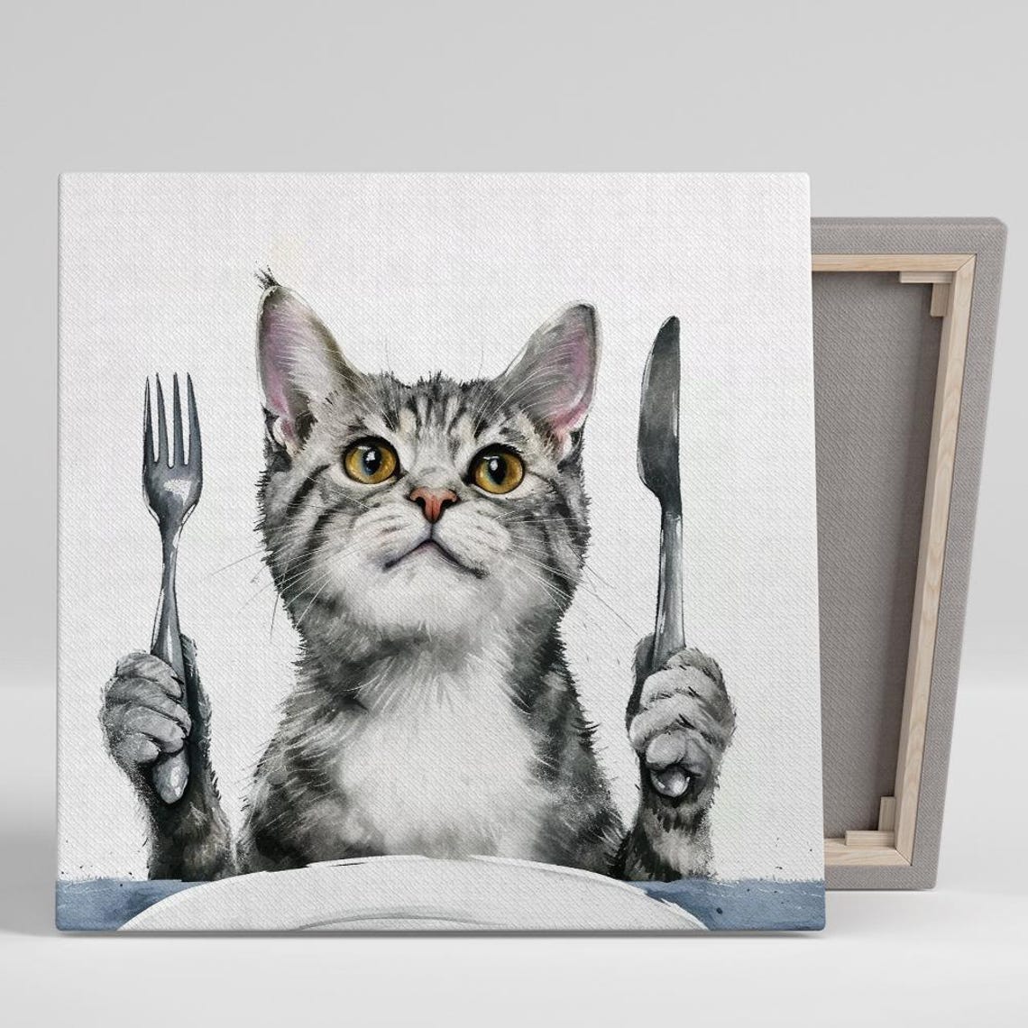 Hungry Tabby Cat With Fork And Knife Funny Kitchen Wall Art Poster