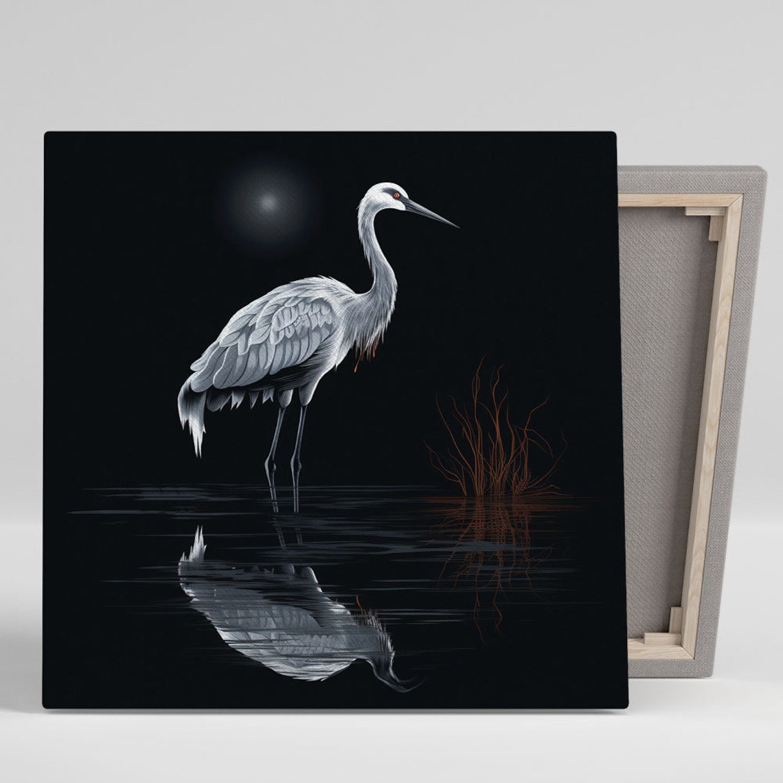 White Heron Standing In Dark Moonlit Water Reflection Art Poster