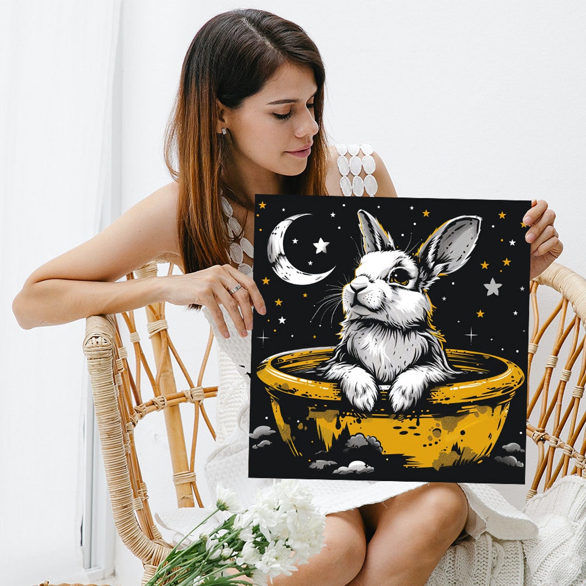 Cosmic Rabbit Golden Bowl Starry Night Dream Nursery Wall Art - Image 3