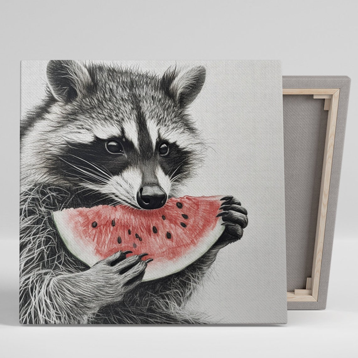 Raccoon Eating Watermelon Slice Black White Red Pop of Color Poster