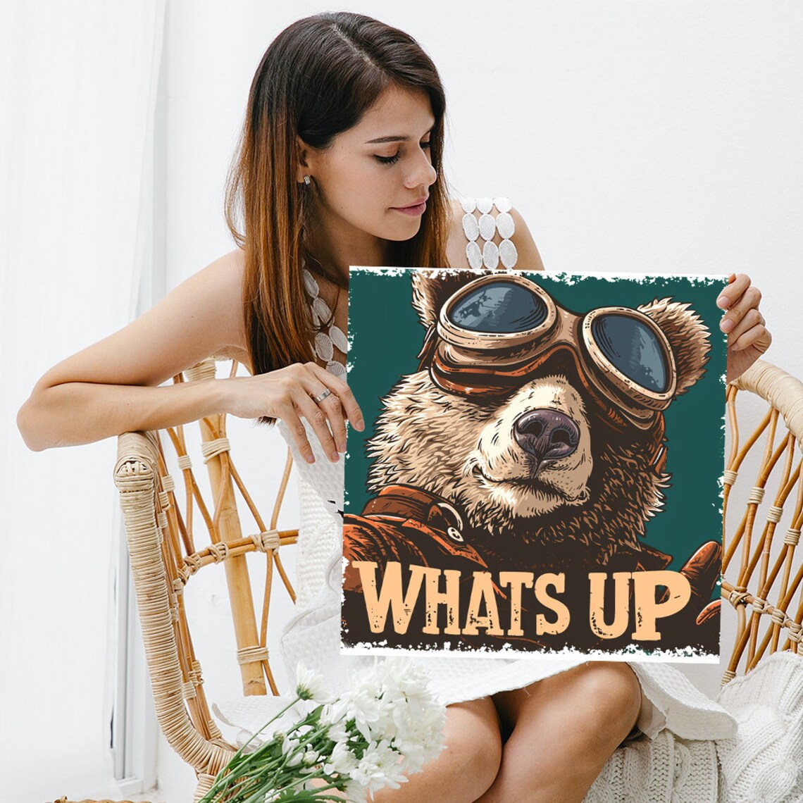 Aviator Bear Whats Up Vintage Pilot Goggles Retro Teal Game Room Wall Art - Image 3