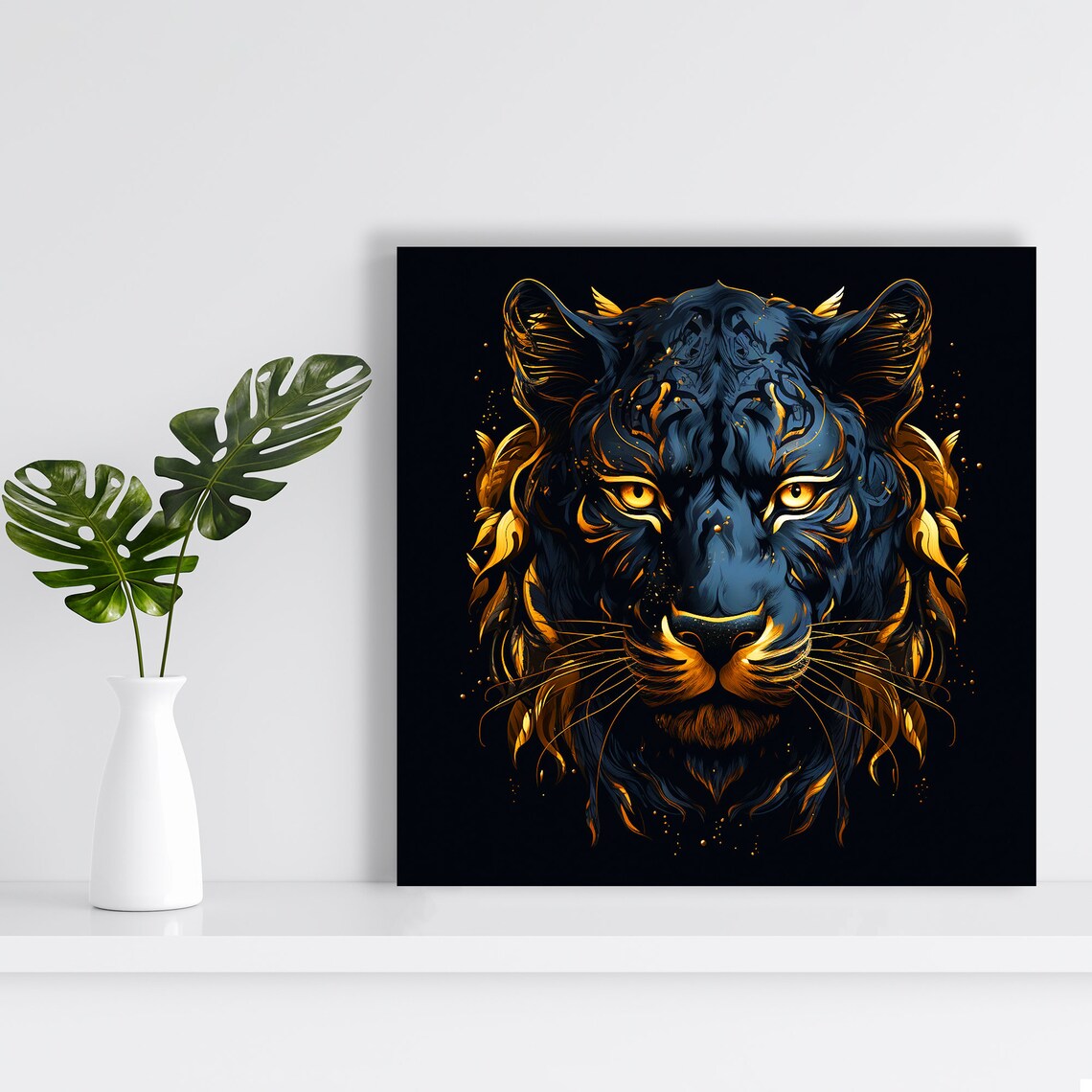 Black And Gold Panther Face Poster Neon Digital Art Dramatic Big Cat Print - Image 2