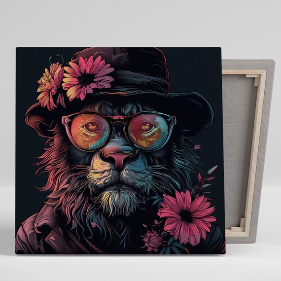 Hipster Lion Round Glasses Floral Hat Neon Pop Art Animal Wall Art Poster