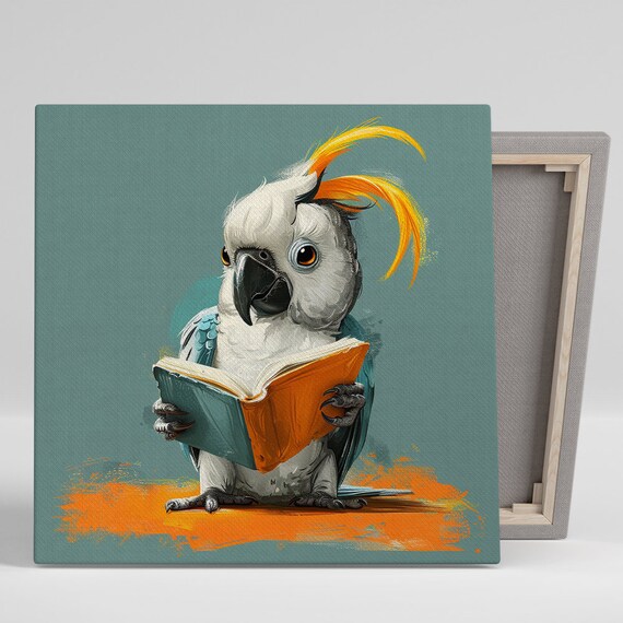 Cockatoo Reading Book Orange Crest Cute Library Decor Wall Art