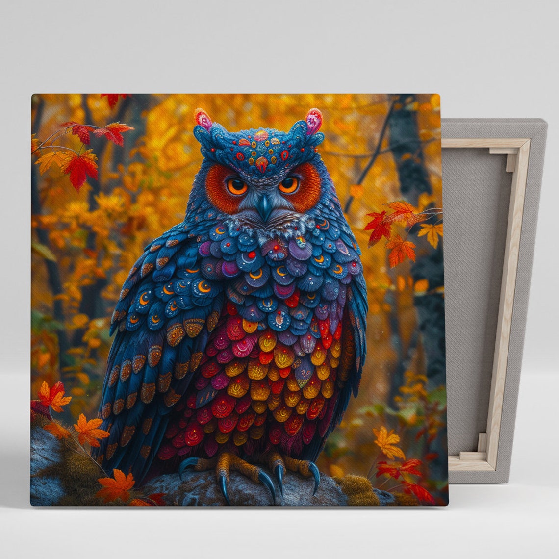 Enchanted Autumn Owl Poster Mosaic Feather Art Fantasy Bird Wall Print