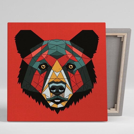 Geometric Bear Head Mosaic Red Black Teal Modern Wild Animal Poster
