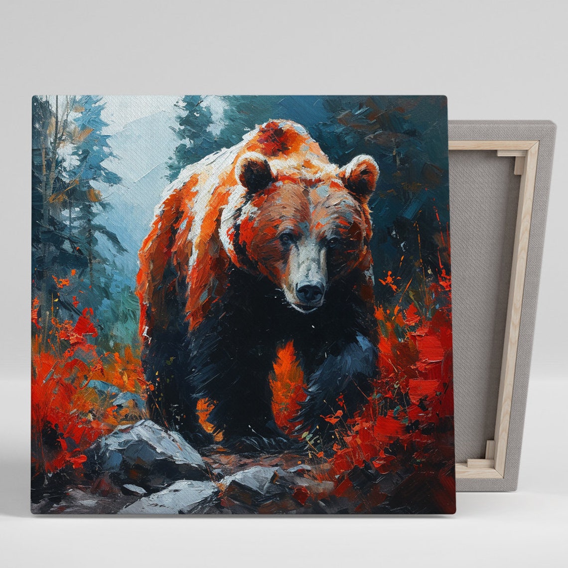 Grizzly Bear Walking Through Fiery Red Autumn Forest Bold Oil Poster