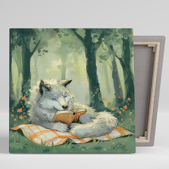 Cozy Wolf Reading Book In Forest Cute Animal Watercolor Wall Art Poster
